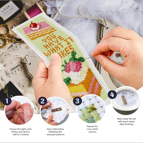 Image of INFUNLY 6PCS Fruit Cake Cross Stitch Bookmark Kit for Adult 3x8.5inch DIY Inspirational Word Embroidery Bookmark Set with Instruction Birthday Cake Counted Cross Stitch Kit for Student Book Lover