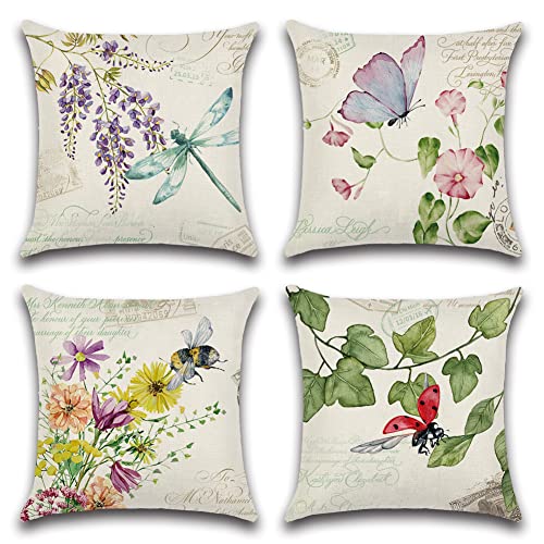 Artscope Set of 4 Waterproof Cushion Covers 45x45cm, Decorative Flower Plant Insect Throw Pillow Covers, Perfect to Outdoor Patio Garden Bench Living Room Sofa Farmhouse Decor
