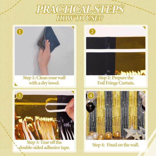 Image of DECOCKRAT 2 Pack Foil Fringe Backdrop - Black&Gold Shiny Tinsel Curtains for Party Decoration /Photo Booth Props - 3.3x6.6 FT Metallic Foil Backdrop for Birthday, Wedding, Graduation, Christmas.