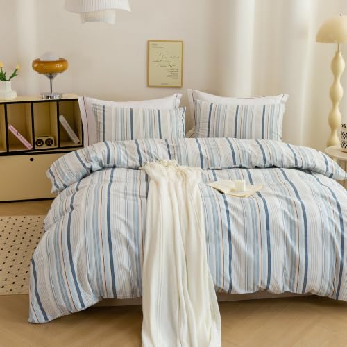 Image of Blue Striped Duvet Cover Bedding Set 100% Washed Cotton Linen Like King