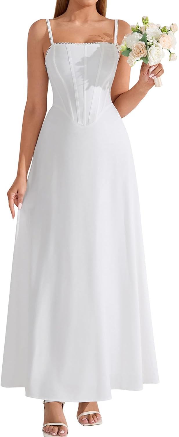 Auraxe Floral Corset Maxi Wedding Guest Dresses for Women Summer Casual Spaghetti Strap Flowy A Line Tea Party Sun Dress