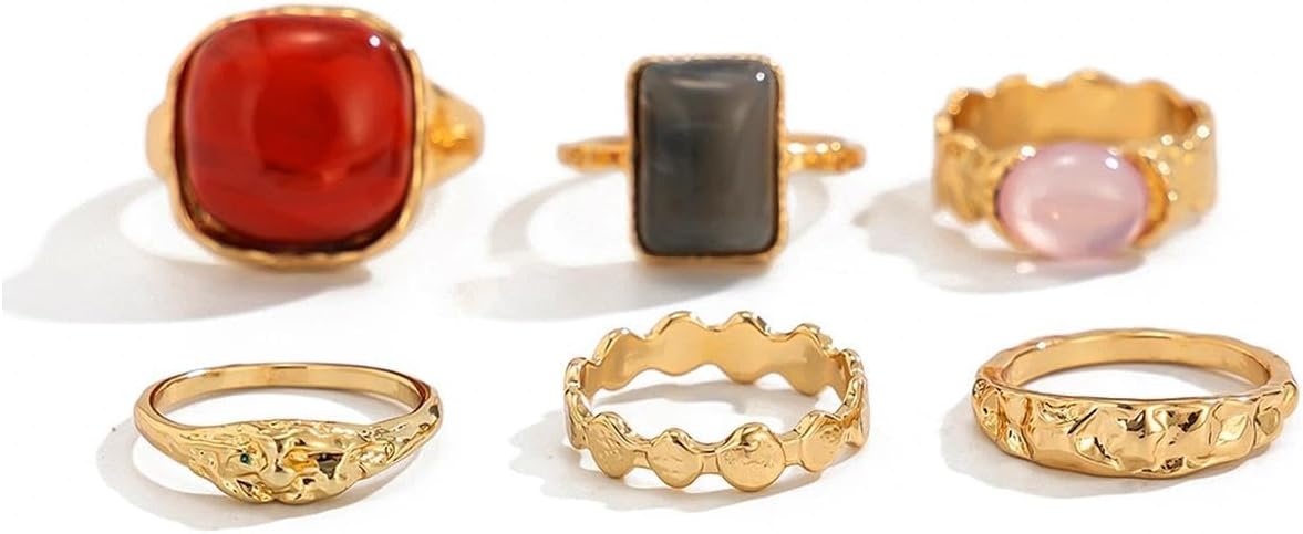 Chunky Gold Stackable Statement Finger Rings Red Gemstone Candy Crystal Knuckle Ring for Women Vintage Ellipse Midi Rings Fashion Prom Party Accessory - Image 4