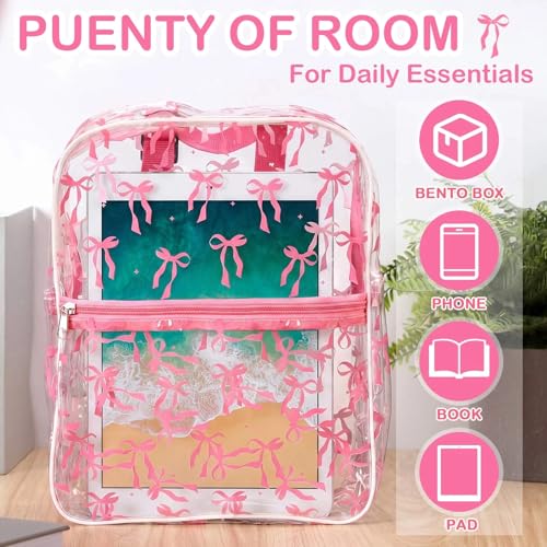 Image of Aliceset Coquette Pink Bow Backpack Stadium Approved 12x6x12 Small Water Proof Pink Clear Backpack for Back to School Women Stadium Events Concert Work Sport Event Travel