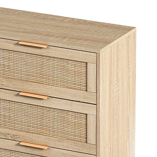 Angel Sar 43" Rattan 6 Drawers Dresser, Wide Wood Dresser For Bedroom, Chest Of Drawers With Storage, Double Dresser/W Metal Handle, Soild Wood Leg For Bedroom, Nursery, Hallway, Oak #TOP4