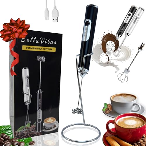 BellaVitas Espumador de leche de mano recargable, varita espumadora de café con soporte y 2 batidores de acero inoxidable, mezclador portátil y espumador, batidor de 3 velocidades para latte