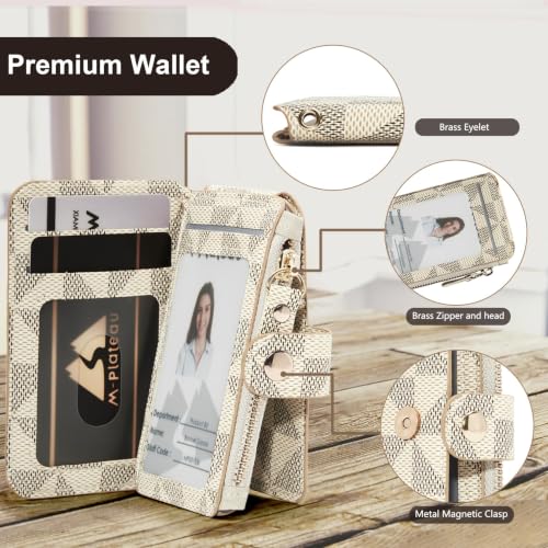Image of M-Plateau RFID Blocking Slim Card Holder with Key Ring for Women | PU Leather Keychain Wallet with ID Window & Zipper Pocket, Credit Card Case for Daily Carry (Off White)