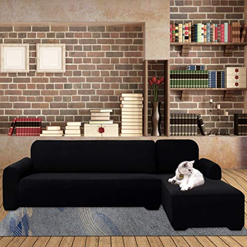 Hdcaxkj Sectional Couch Covers Stretch Water Resistance L Shape Sofa Cover Universal 2 Piece Thick L-Shaped Slipcovers Set Living Room Anti Slip Dogs Pets Furniture Protector (Black, Large) #TOP1