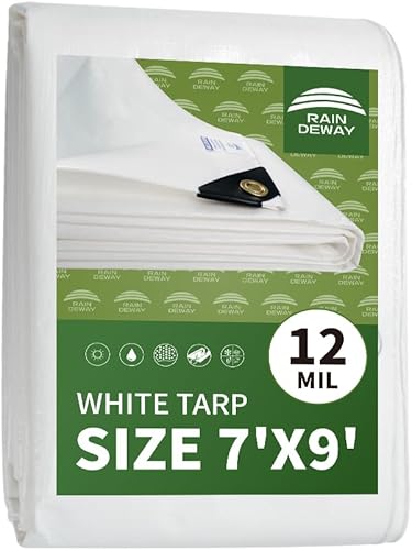 Lona blanca resistente de 12 mil de 7 x 9 pies, resistente a los rayos UV, impermeable, resistente a la intemperie, con ojales de metal y bordes disponible en Yaxa Colombia