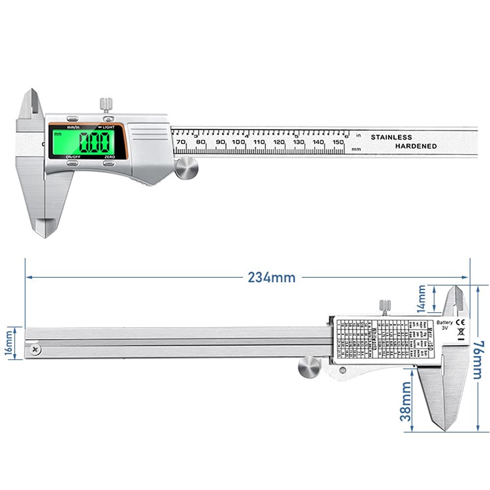 Pied à coulisse électronique numérique en acier inoxydable avec coque en métal et écran rétroéclairé 0 à 150 mm Outils de mesure Outils d'ingénierie