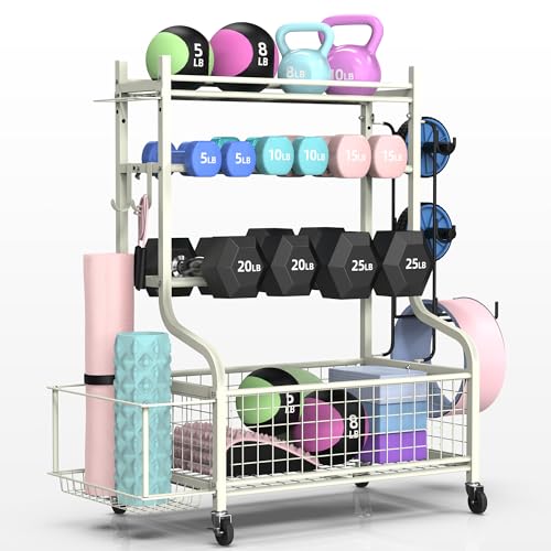 PLKOW Dumbbell Rack, Weight Rack for Dumbbells, Home Gym Storage for Dumbbells Kettlebells Yoga Mat and Balls, All in One Workout Storage with Wheels and Hooks, Powder Coated Finish Steel Be