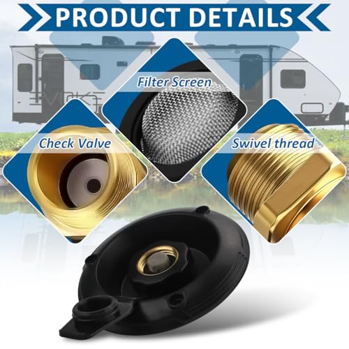 Image of RV City Water Inlet with Check Valve, RV Water Fill Inlet Connection with 3 /4 NH Female to 1 /2 NPT Male Lead-free Brass City Water Inlet Flange for RV, RV Water Inlet Replacement
