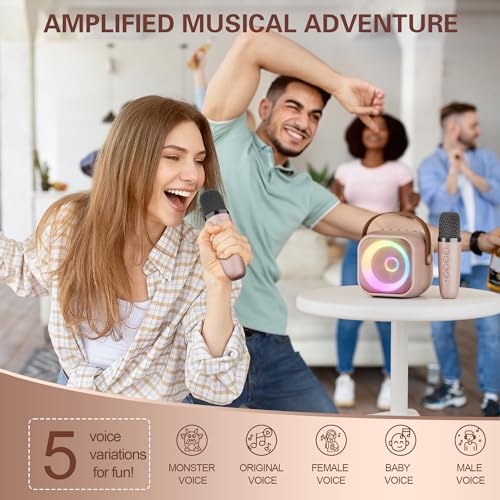 Image of Mini Karaoke Machine, Portable Bluetooth Karaoke Speaker with 2 Wireless Microphones and Party Lights for Kids and Adults, Birthday Gifts for Girls Boys Family Home Party (Rose Gold)