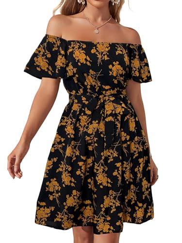 Image of Off Shoulder Ruffle Dress for Women, A-Line Mini Dress with Belt, Fitted Bust Summer Wedding Guest Dress