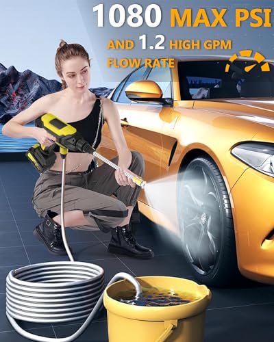 Image of 1080PSI CordlessPowerWasher with Foam Cannon for Car, Lane, Patio Cleaning, Yellow