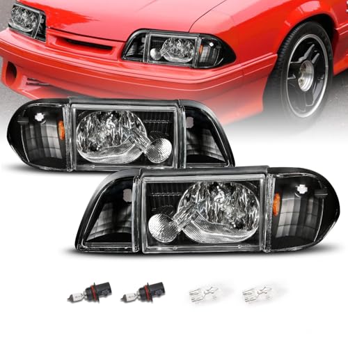AmeriLite Black Replacement Headlights Corner Turn Signal Sets For 87-93 Ford Mustang - Passenger and Driver Side