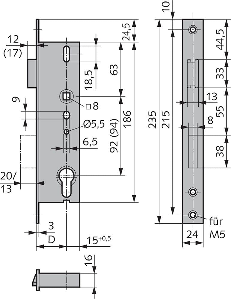 Einsteckschloss 20mm Riegel - Dornmaß: 40, Ausführung: PZ gelocht - 013404000427 erial/Oberflächen: Edelstahl V2A gestrahlt, Produkt-Richtung: DIN rechts/links verwendbar, Dornmaß:
