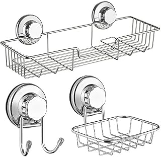 SANNO Suction Cup Shower Caddy/Soap Dish/Bath Hook-Shower Organizer Accessories Kitchen Storage Basket for Shampoo, Conditioner, Soap- Anti Rust Stainless Steel (Set of 3)