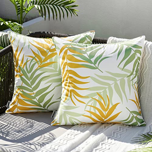 MIULEE Outdoor Kissenbezug Wasserdicht Kissen Wasserfest Dekorative Kissenbezüge Blattmuster Sofakissen Zierkissen Dekokissen für Garten Sofa Couch Wohnzimmer Schlafzimmer 2er Set 45x45 cm Gelbgrün