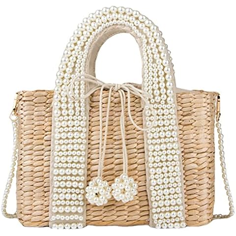 Straw Bag for Women Pearl Shoulder Bag with Lining Medium Purse for Summer Vacation, Beige Cover
