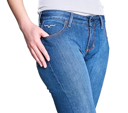 Kimes Ranch Women's Lola Raw Hem Western Mid-Rise Flare Leg Extra-Durable Shape-Saving Tri-Blend Denim Blue Jean Trousers3