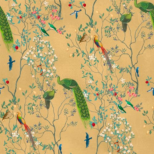 VEELIKE Papel Pintado Flores y Pájaros Chinoiserie Amarillos Papel Pared Estampado Pavo Real Colibrí Papel Pintado Hoja Tropical Murales Decorativos Pared Salon Papel Tapiz Dormitorio 44,5cmx300cm