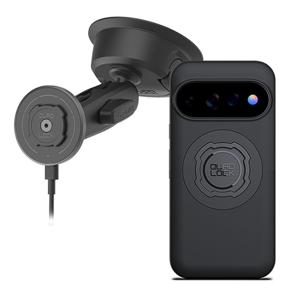 Quad Lock Wytrzymały uchwyt samochodowy na telefon z przyssawką z etui MAG i bezprzewodową głowicą ładującą MAG do Pixel 11 Pro