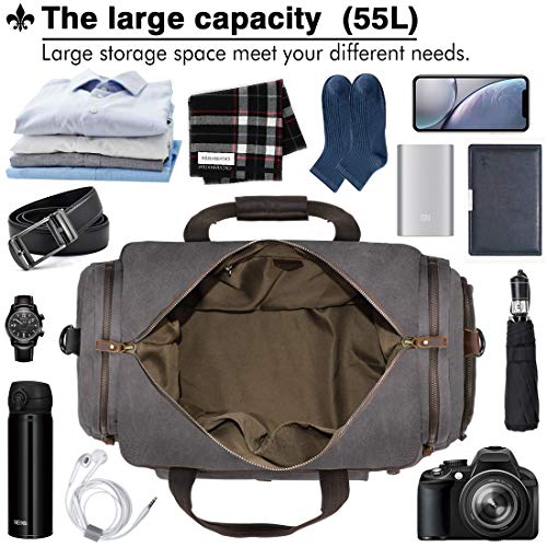Travel Duffel Bag Waterproof Duffle Bags for Men Oversized Genuine Leather Carryon Weekend bag Canvas Overnight Bag Grey