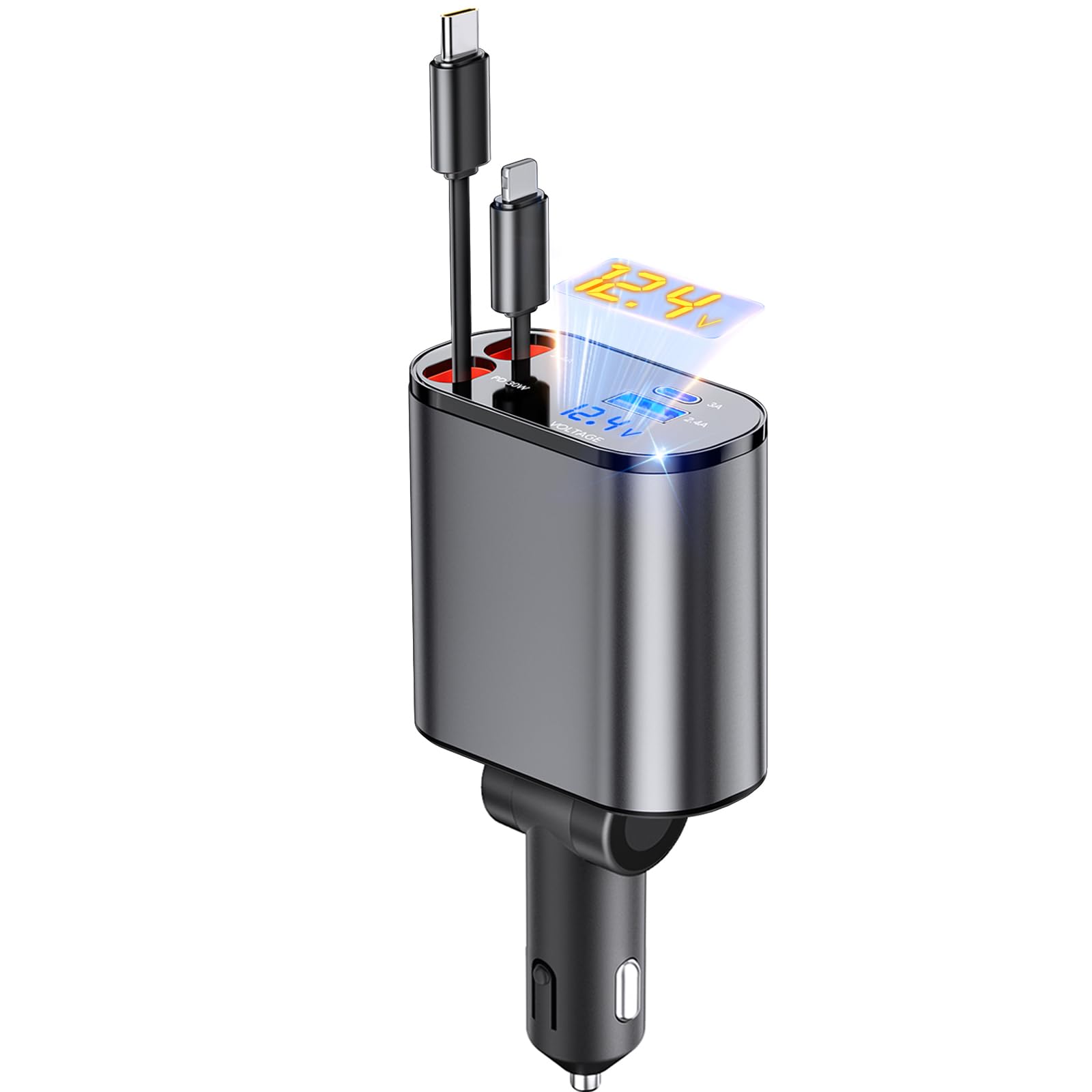 Aimtel Retractable Car Charger Cigarette Lighter USB Adapter 66 W Quick Charger Car Charger USB C Cigarette Lighter Compatible with iPhone 16/16 Pro Max/15/Galaxy S25/S25 Ultra/S24/Pixel 9