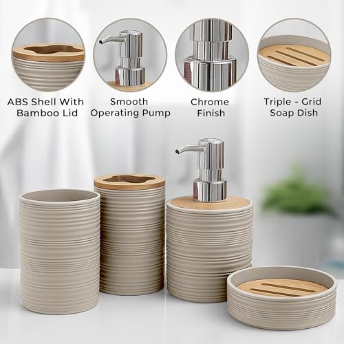 Image of Story@Home 4 Pieces Bathroom Accessories Set - Brown | Toothbrush Holder, Soap Dispenser, Mouth Wash Cup & Soap Dish for Home Kitchen & Bathroom | Bathroom Essentials for Offices
