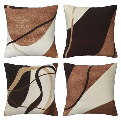 DILOXNSU Lot de 4 housses de coussin marron avec motif géométrique abstrait imprimé recto-verso...