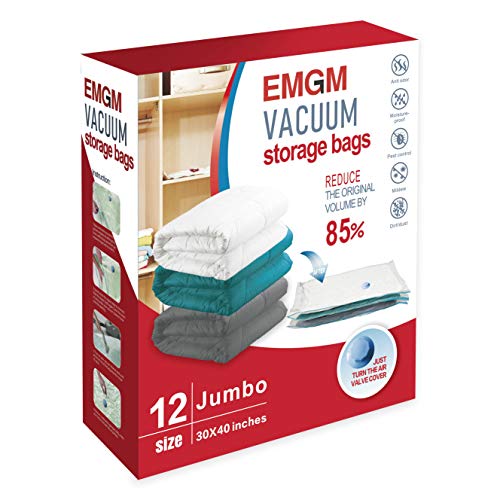 EMGM Vacuum Storage Bags 12 Pack Jumbo Reusable Space Saver Bags - Save 85% More Storage Space, Double Zip Seal & Leak Valve - for Bedding, Pillows, Clothes Bags 40X30 Inch Storage Bags Organizers
