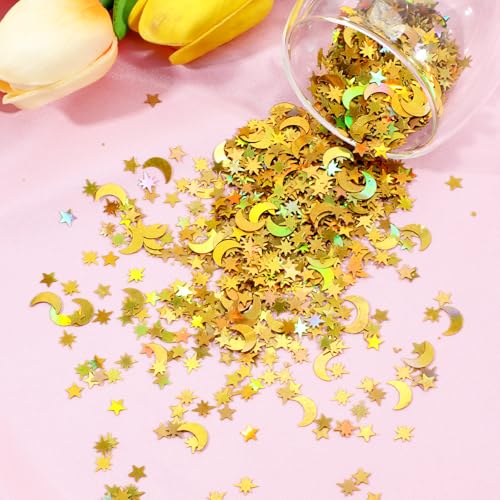 Yuomeaz 4000 PCS Gold Star Confetti, Glitter Foil Confetti, Sprinkles Moon and Stars for Table, Star Sequins for Wedding Party Birthday Festival Decorations (45g) - Thumbnail 6