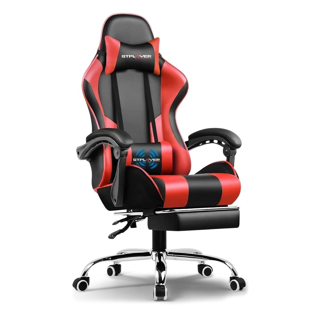 GTPLAYER Ergonomic Gaming Chair with Massage Lumbar and Footrest, Red | PU leather with metal frame, adjustable headrest, linkage armrests, Class-4 gas lift and 360-degree swivel