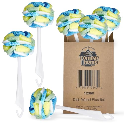 Compac Home Dish SpongeWand Plus Tri Surface Scrubbing Sponge with Cello Foam Scour Sponge Petals, Cleans Dishes, Glassware 360 Scrubber Pads for Tough to Clean Pots Pans, Multi-Color, (Pack of 6)