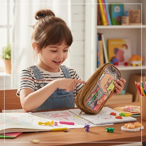 Image of Alokik Enterprise Cute Cartoon Pencil Pouch with Double Zipper & Transparent Window, Large Capacity Fabric Pen Case for School, Office, Students, Kids & Teens (Daily Life Brown Pouch)