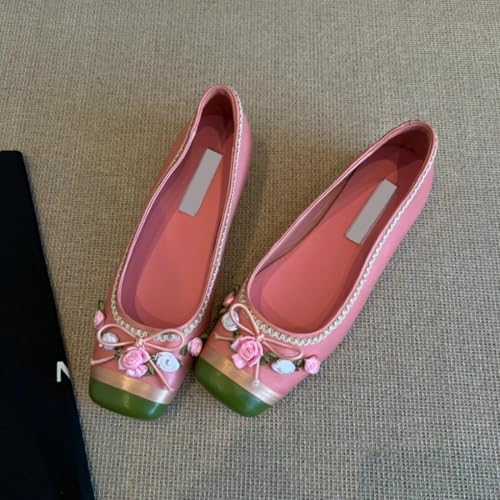 Women's Flower Bowknot Ballet Flats Leather Square Toe Colorblock Embroidered Slip On Ballerina Elegant Wedding Office Flat3