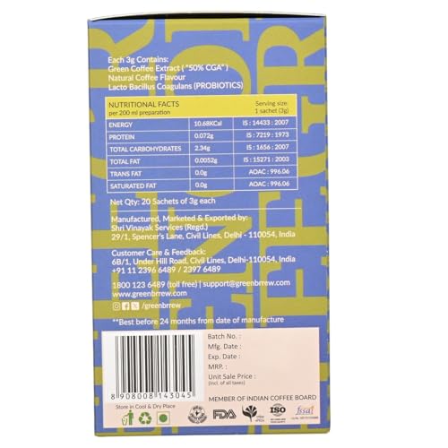 Image of Greenbrrew Strong Instant Green Coffee - 20 Easy Mix Sachets, Pack of 1 (60g)