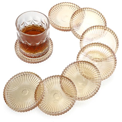 OGANAZI Modern Clear Coaster Set of 8- Glass Coasters for Drinks Crystal Coasters Round Cup Coasters Coffee Table Decor for Office, Kitchen, Bar, Dining Room, Living Room, Patio(Amber)