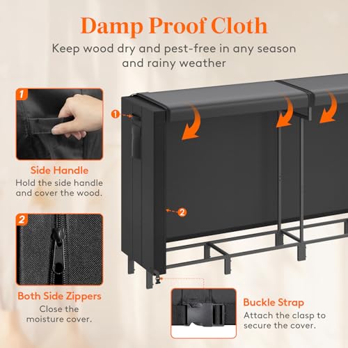 Lifewit 8 FT Firewood Rack Outdoor with Waterproof Cover, Indoor/Outdoor Wood Storage with Side Pocket, Heavy Duty Firewood Holder for Fireplace, Fire Pit, Patio, Black