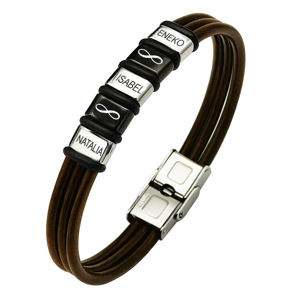 Ekonat- Pulsera hombre personalizada - Pulsera cuero hombre Personalizadas- Pulsera hombre acero inoxidable personalizada ajustable. CUERO DURADERO DE CALIDAD