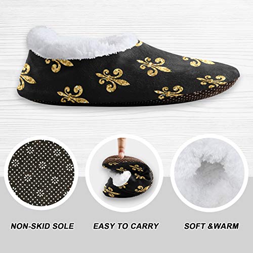 Golden Fleur-De-Lis Floral Black House Slippers Soft Warm Indoor Fuzzy Feet Slipper for Women Men3