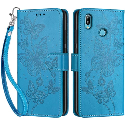 Handyhülle für Huawei Y6 2019 / Honor 8A 2019 Hülle, Premium PU Leder Flipcase Schutzhülle Klapphülle mit Kartenschlitz Faltbare Brieftasche Hülle für Huawei Y6 Prime 2019 / Honor 8A Pro - Blau
