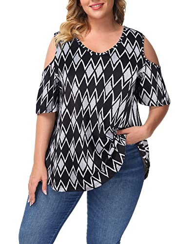 Gboomo Women Plus Size Blouses Casual Cold Shoulder Short Sleeve T Shirts Summer Tunic Tops 2X Black With Geometric Polyline #TOP5