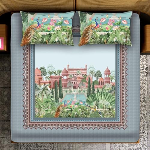Image of LOOMLYFE 300 TC 7D Digital Print Microfiber Soft Cotton Bedsheet for Double Bed, Size 90X100 Inches with 2 Large Size Pillow Covers Without Joint - PeacockScenery