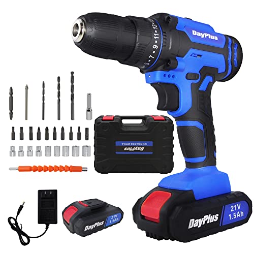 Perceuse-visseuse portative sans fil, 21 V pour percer du métal/mur/bois, 1500 mAh, 45 Nm, réglage de couple 25 + 1, 2 vitesses, lumière LED