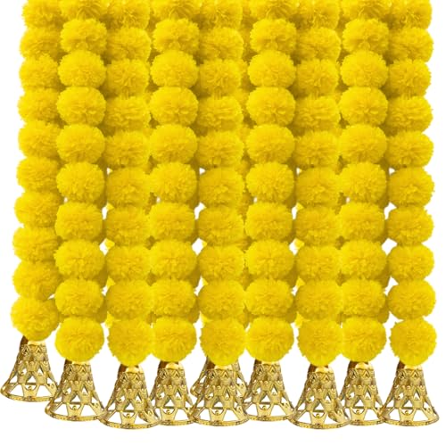 Image of Marigold Garlands Decoration with Bell, Artificial Flowers for Decorations Hanging Garlands for Home Decorations, Ganpati Decoration /Diwali Decoration for Home Decor- (Yellow, Pack of 10)