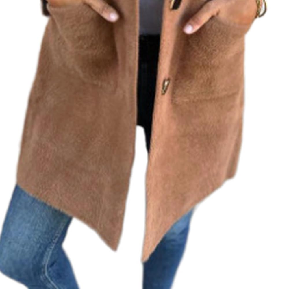 Cappotto lungo da donna con revers a tacca, monopetto, per l'inverno. | Cappotto lungo da donna, collo a revers, chiusura monopetto con bottoni, elegante cappotto invernale casual, color cammello,