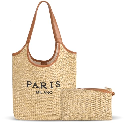 Women Straw Beach Tote Bag - Paris Milano Woven Handbag Summer Vacation Raffia Shoulder Bag with Wristlet Purse Wallet