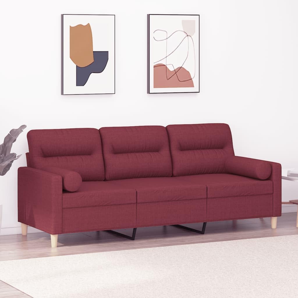 Sofá de 3 plazas con cojín, color rojo vino, 180 cm