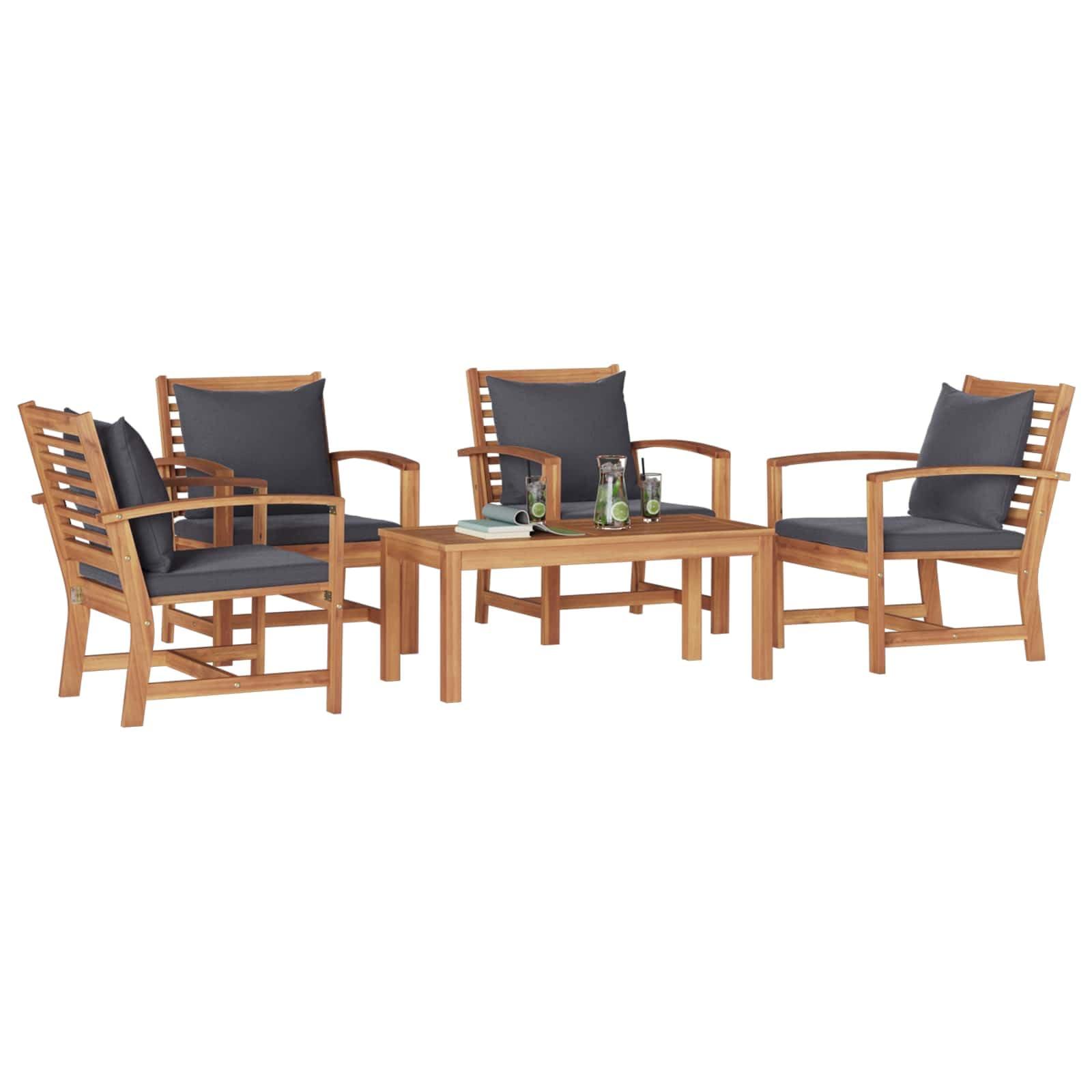 Ensemble de canapé de jardin 5 pièces en teck massif de couleur marron uni avec coussins amovibles pour terrasse - Salon de jardin moderne en teck